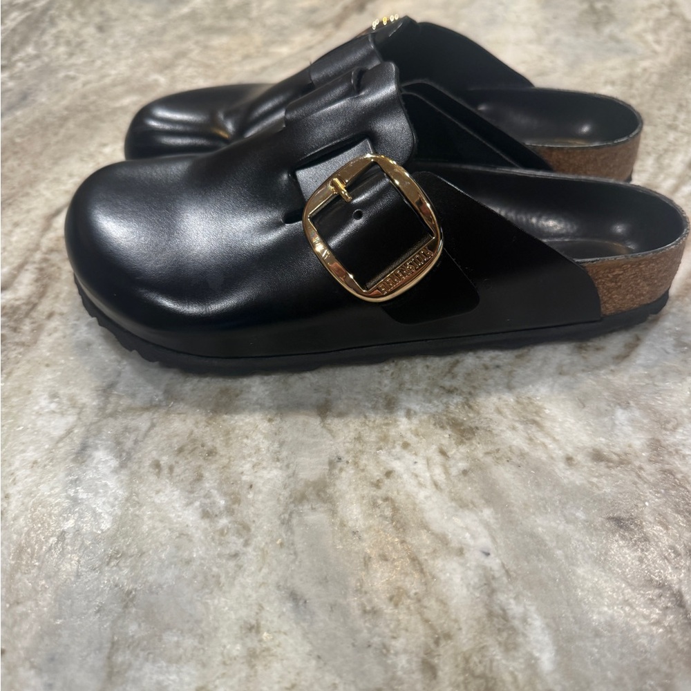 BIRKENSTOCK Black Leather Sandal with Gold Buckle-